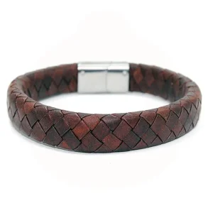 Lder Herrearmbnd - 12mm Bred - Brun flettet med Magnetisk stl ls