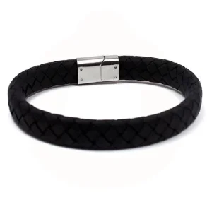 Lder Herrearmbnd - 12mm Bred -  Sort flettet lder med Magnetisk stl ls