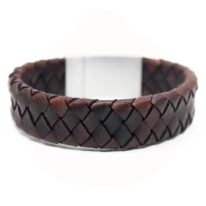 Lder armbnd flettet - 18 mm. bredt - brunt lder/stl