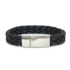 Lder Herrearmbnd - 12mm Bred - Sort flettet med Magnetisk stl ls
