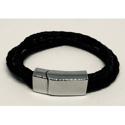 Tilbud - Lder armbnd flettet b:3x3 mm l:18cm sort lder/stl Udgende model 50% fratrukket prisen