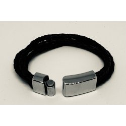 Tilbud - Lder armbnd flettet b:3x3 mm l:18cm sort lder/stl Udgende model 50% fratrukket prisen